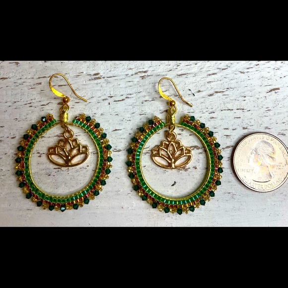 Boho Lotus Flower Green Hoop Beaded Earrings - Picture 6 of 8